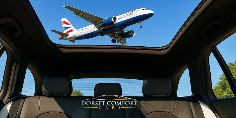 A large Boeing airplane flying across a blue sky, seen through an open sunroof inside a large SUV.