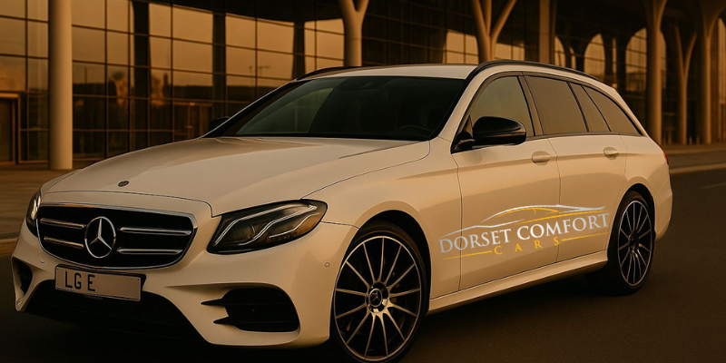 A white estate mercedes parked outside an airport terminal.