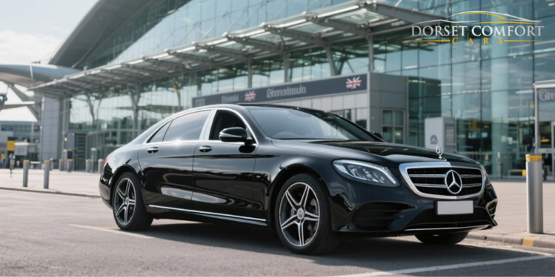 Black Dorset Comfort Cars Mercedes Parked Outside Airport Terminal
