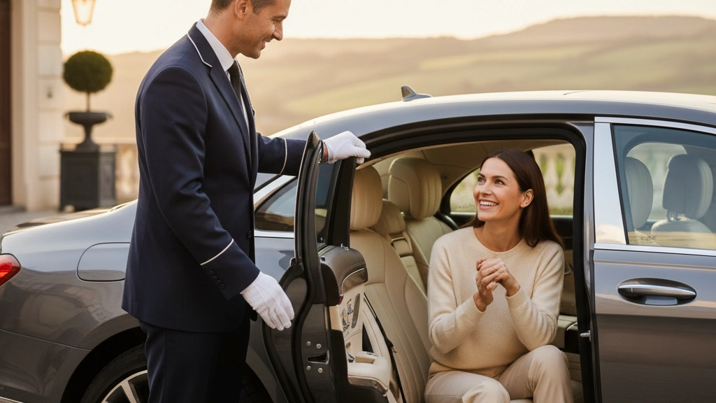 Chauffeur in uniform opening luxury car door for smiling female passenger, professional service.