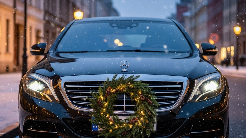 festive-luxury-car-in-winter Black luxury car with a festive Christmas wreath on the grille, sparkling with lights, driving on a snowy street at dusk.