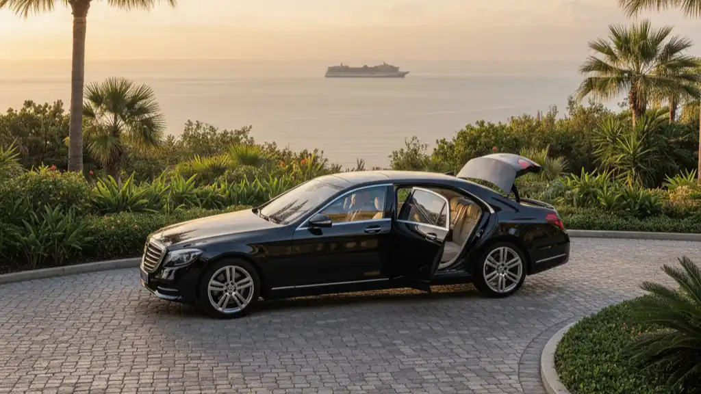 Black luxury chauffeur car on elegant driveway with cruise ship on the horizon at sunset, ready for transfer.