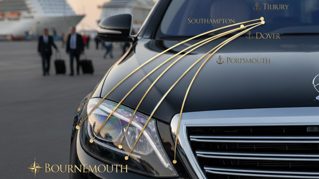 Front of a black luxury car with gold lines indicating routes from Bournemouth to Southampton, Dover, Portsmouth, and Tilbury cruise ports.