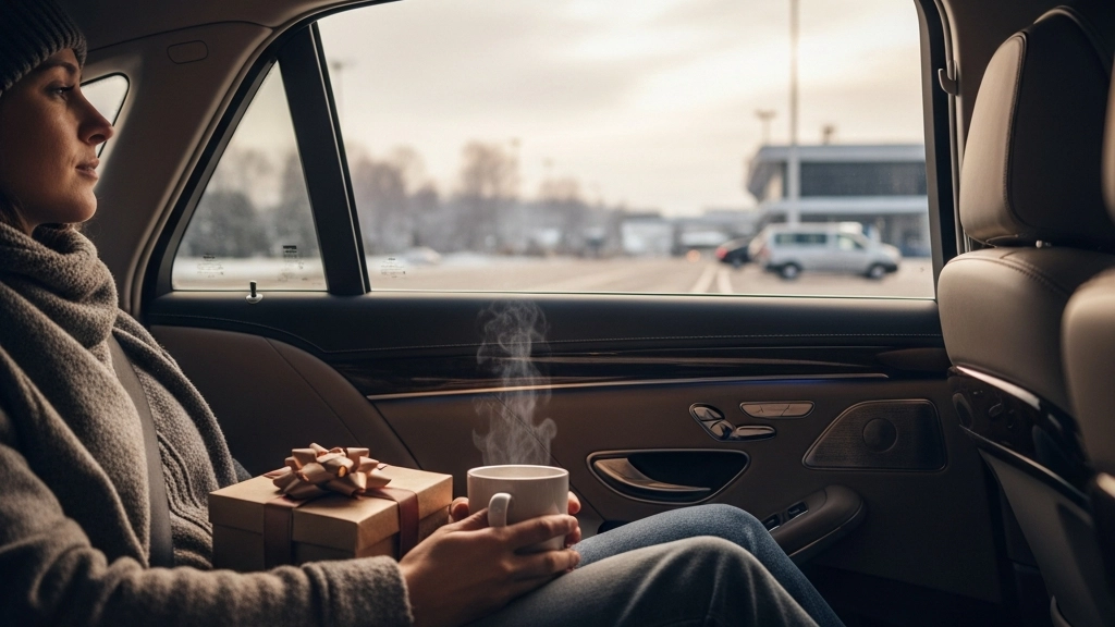 Woman in a winter hat and scarf relaxing in the back of a luxury car with a steaming mug and a gift, subtle blurred airport outside.