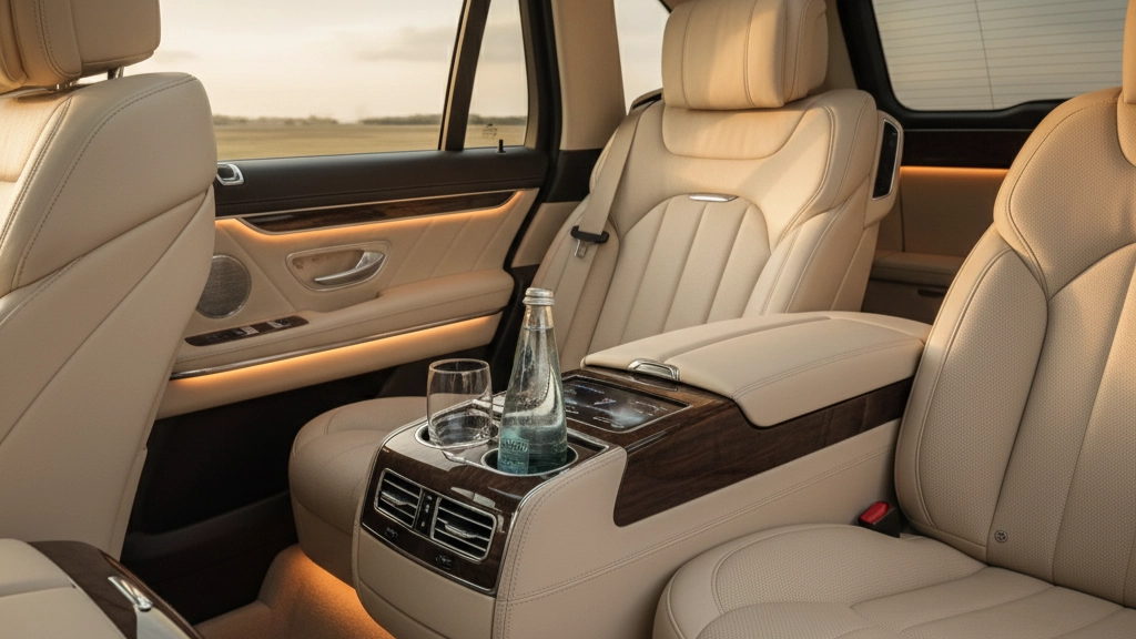 Luxurious beige leather interior of a chauffeur car with bottle of water and glass in armrest, comfortable journey.