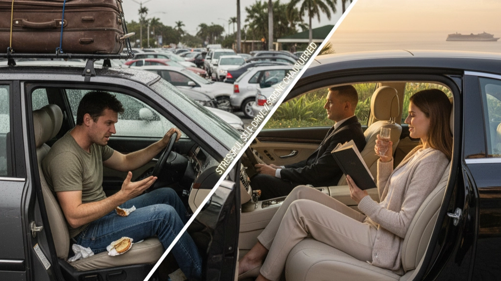 Contrast: Stressed man driving in traffic vs. woman relaxing in luxury chauffeur car reading and drinking, stress-free travel.