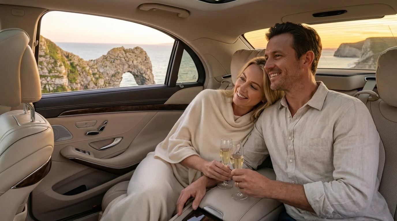 Smiling couple relaxing in the back of a luxury chauffeur car, with Durdle Door visible through the window, enjoying their Dorset staycation.