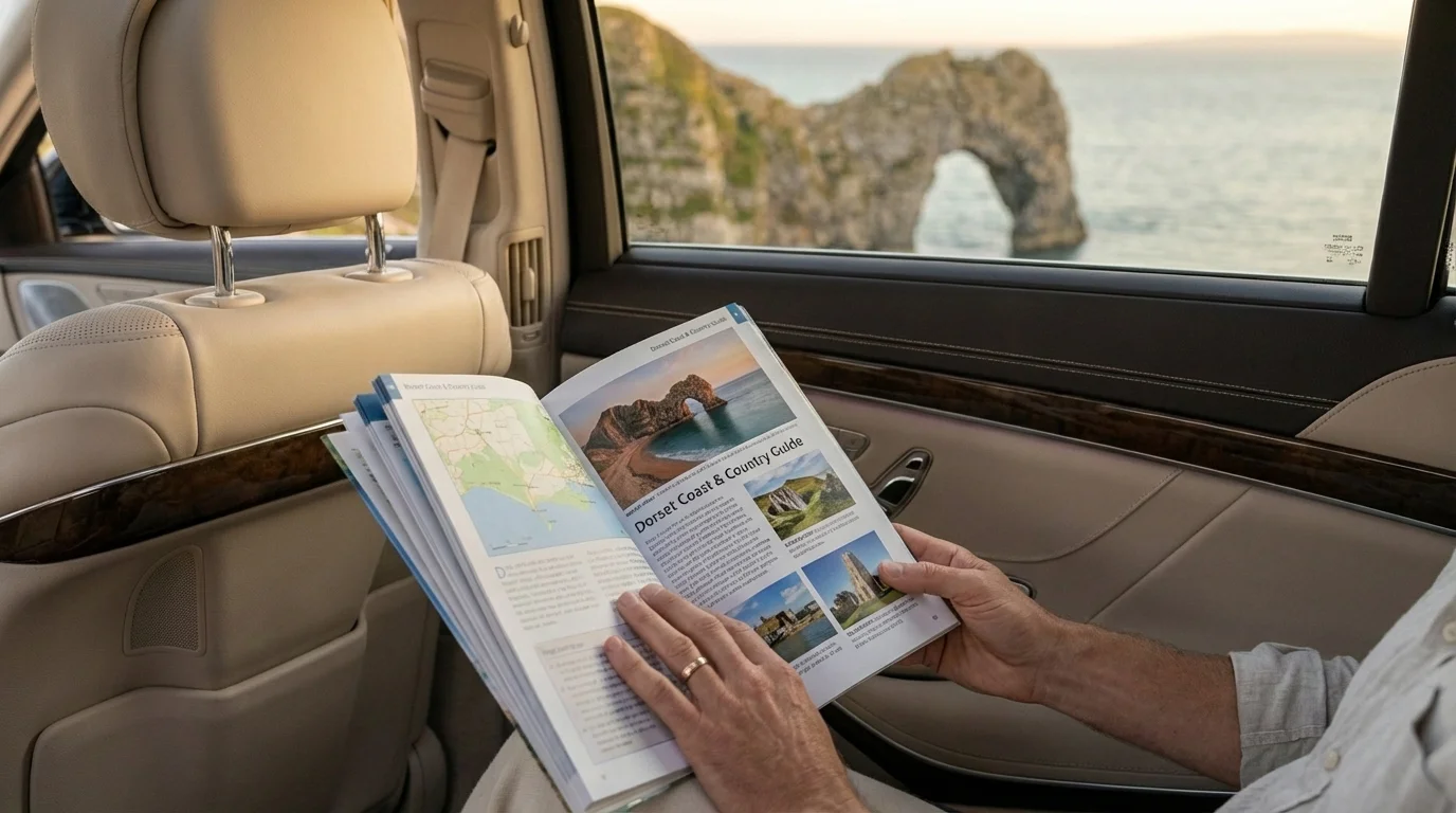 Passenger reading a 'Dorset Coast & Country Guide' in the luxurious back seat of a chauffeur car, with scenic views of Durdle Door outside.